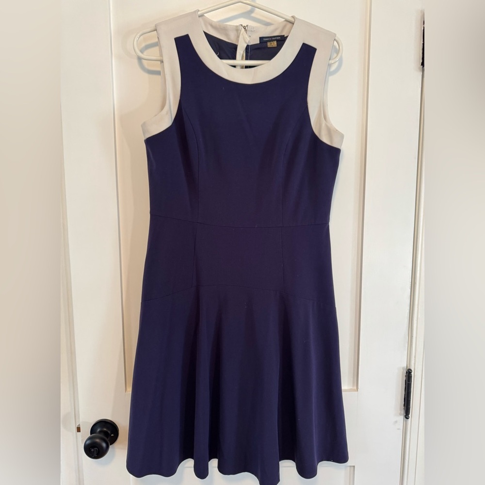 Tommy Hilfiger Navy Dress with White Trim - Sleeveless Fit & Flare Midi